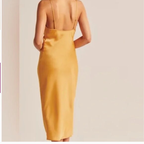 ABERCROMBIE & FITCH nwt Mustard Yellow Ruched Satin Slip Midi Dress - Picture 2 of 7